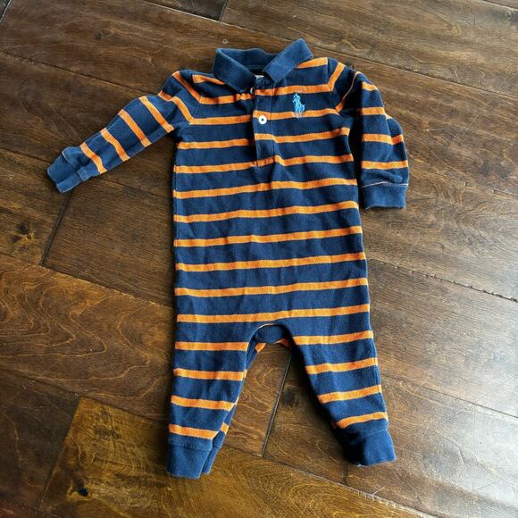 Ralph Lauren Boys 9 Month Romper Outfit Blue Orange Collared Striped - Picture 1 of 5